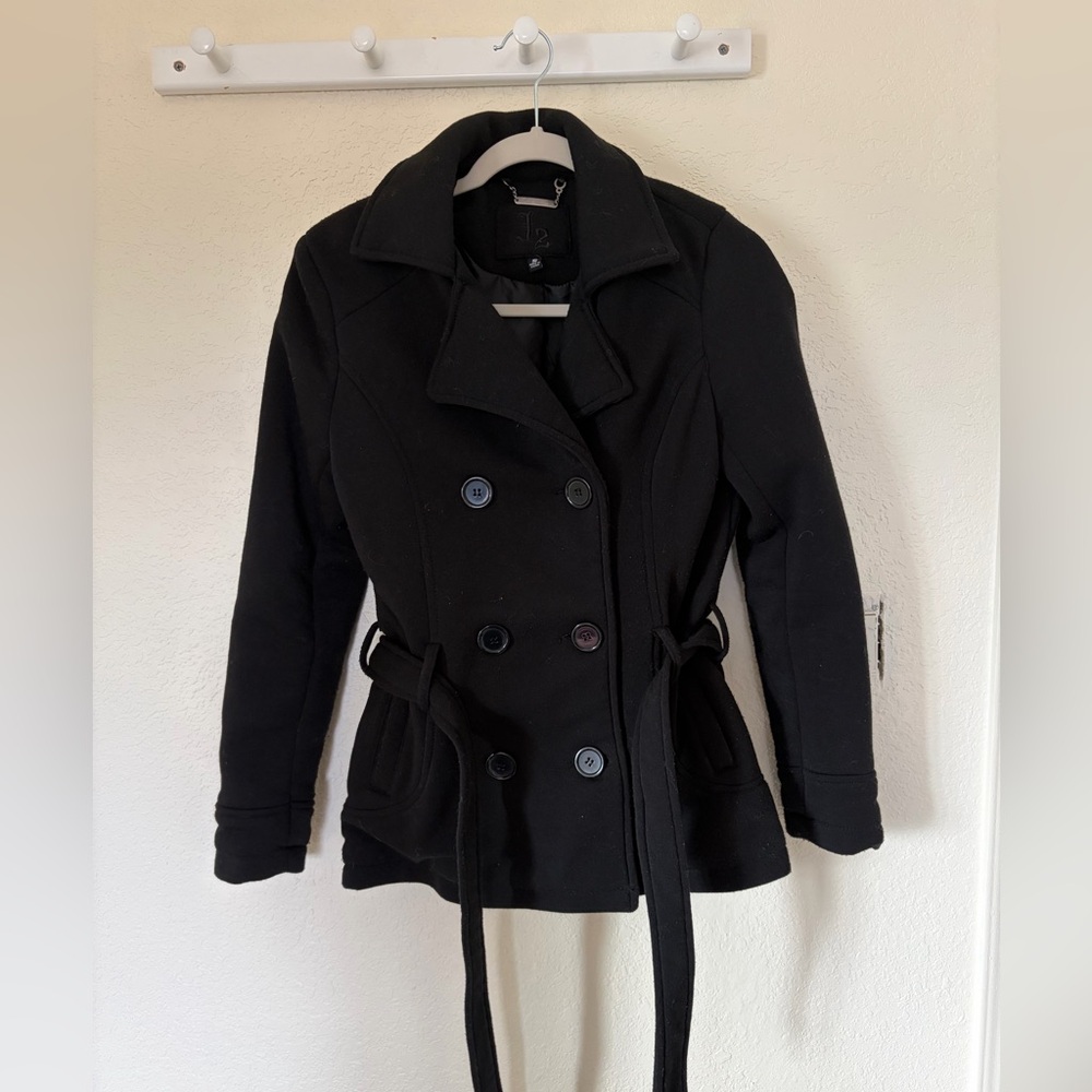 Women’s Black Double-Breasted Belted Peacoat Jacket